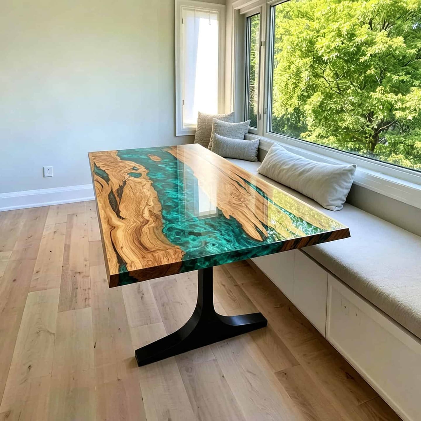 Customer photo review of Custom Olive Wood Epoxy River Dining Table – Turquoise Tide Resin with Beveled Edge | Solid Wood Table CRT-332