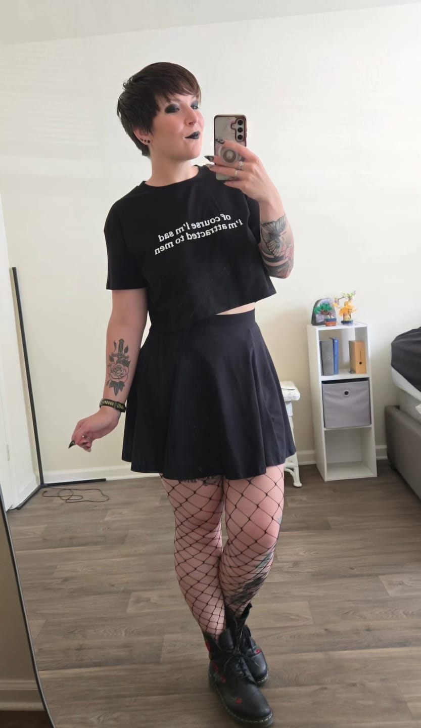 Customer photo review of Of Course I'm Sad I'm Attracted to Men crop top