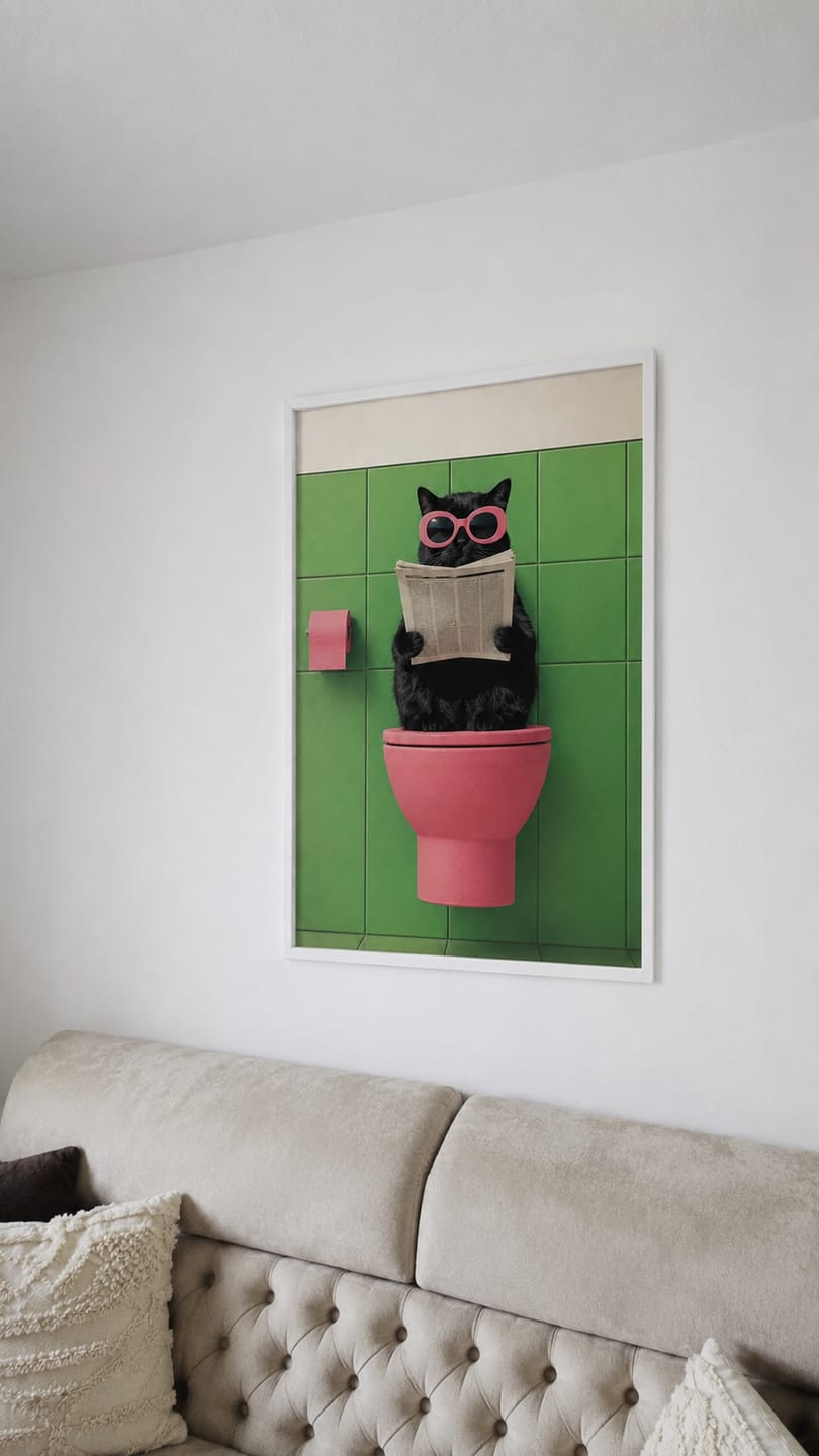 Customer photo review of Funny Bathroom Cat Wall Art Poster