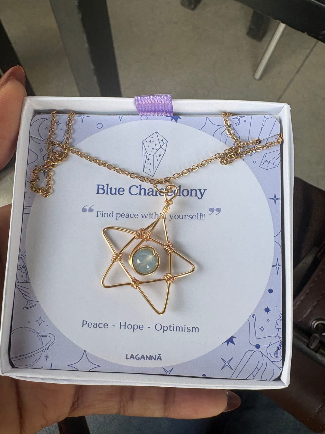 Customer photo review of Heavenly Blue Star Necklace | Blue Chalcedony