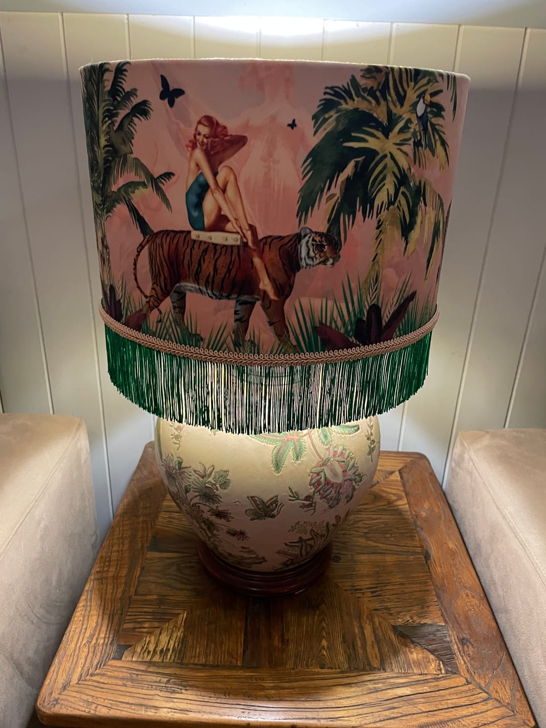 Customer photo review of Queen K Jungle Walk Pink Fringed Drum Lampshade