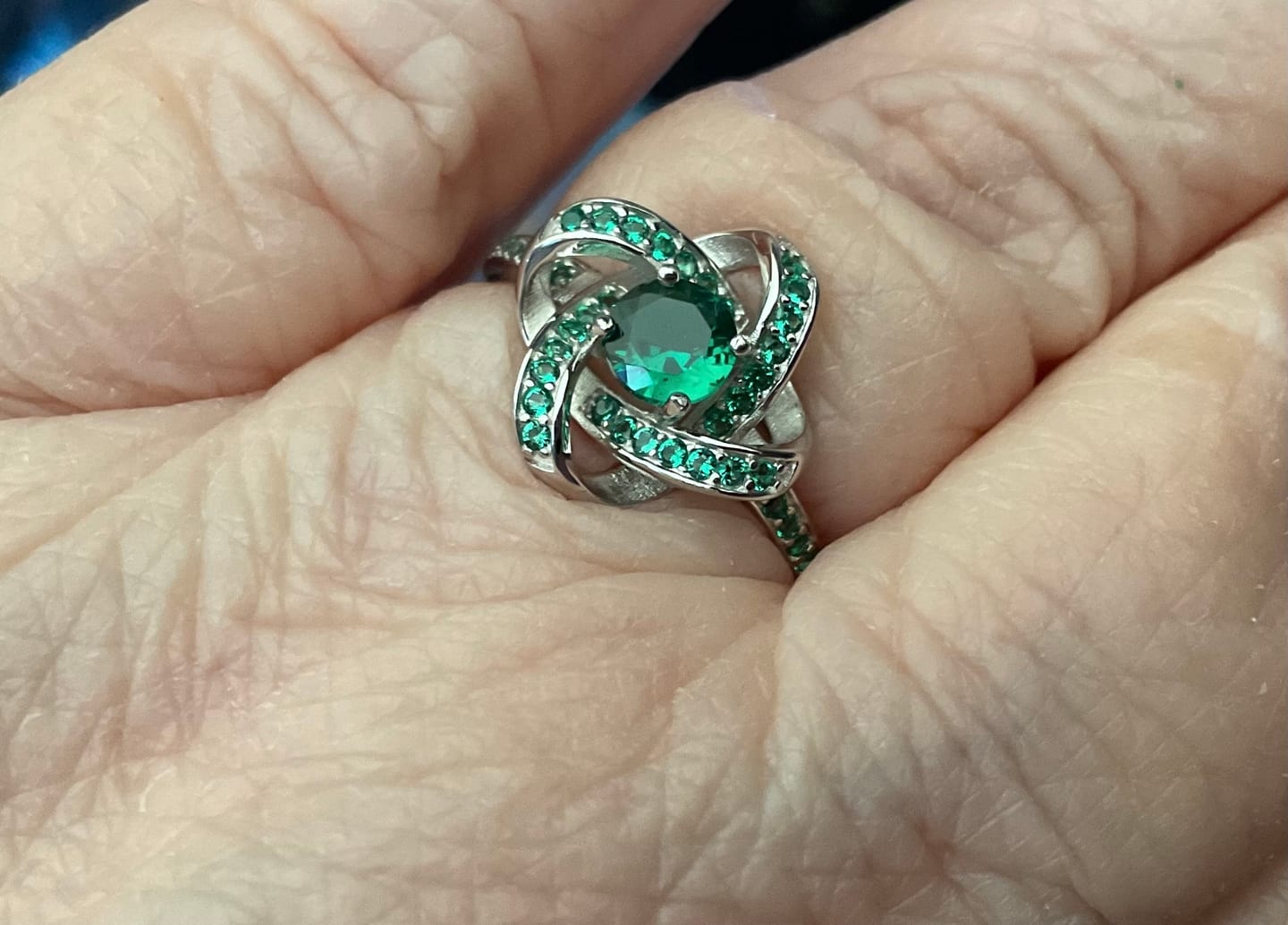 Customer photo review of Celtic Knot™ Ring — 18K White Gold | Emerald
