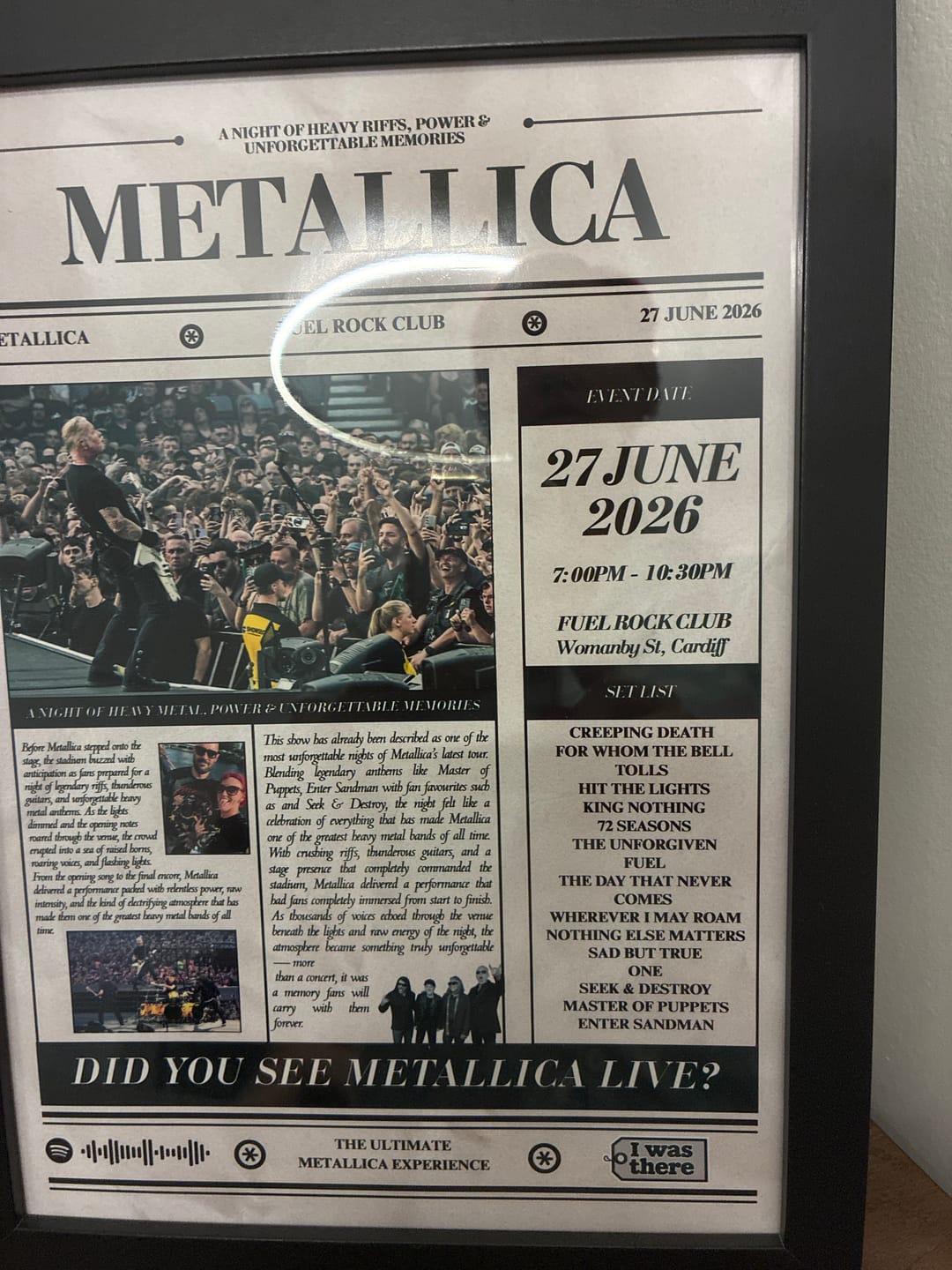 Customer photo review of Metallica - Personalised Newspaper Style Concert Poster