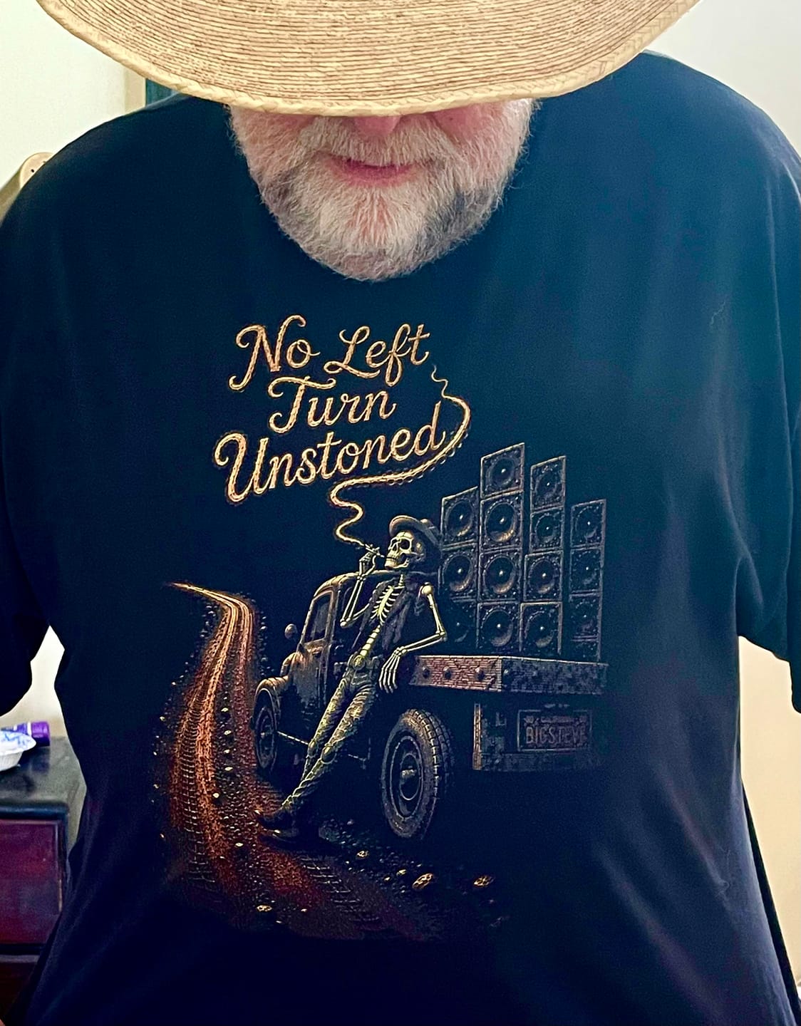Customer photo review of Big Steve "No Left Turn Unstoned" Unisex garment-dyed heavyweight t-shirt