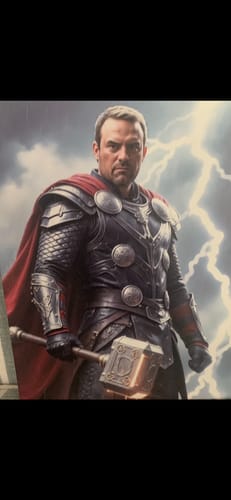 Customer's personalized Thunder Warrior portrait showing a man in detailed armor and a red cape holding a hammer.