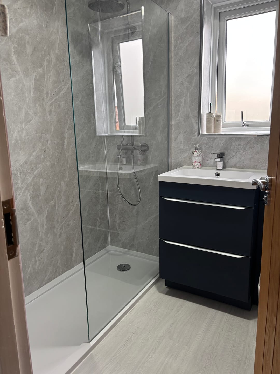 Customer photo review of Premium Light Grey Marble Matt Shower Wall Panel – 1M x 2.4M