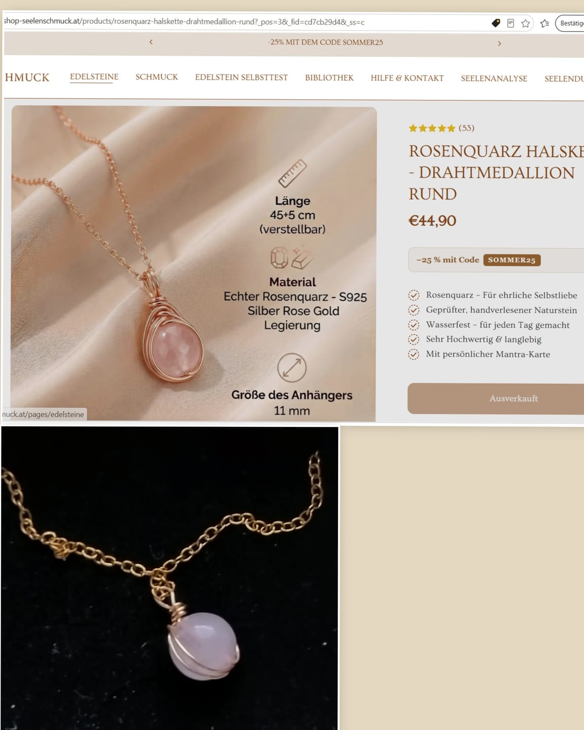 Customer photo review of Rosenquarz Halskette - Drahtmedallion Rund