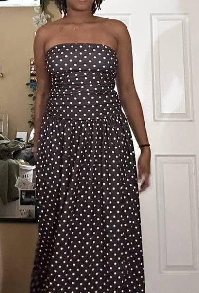Customer photo review of Women's Polka Dot Strapless Maxi Dress Sleeveless A Line Flared Knitted Fabric Casual Dress