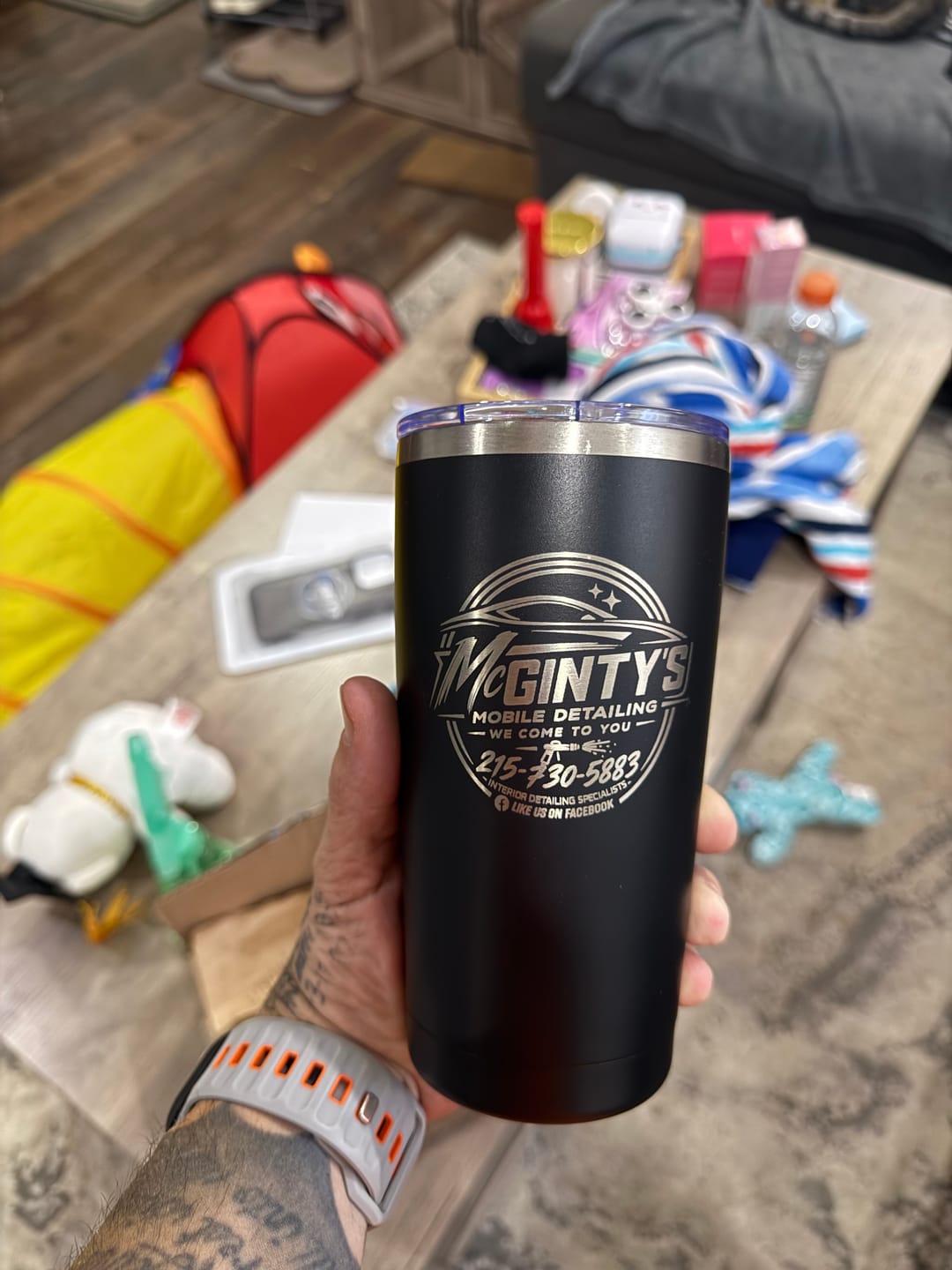 Customer photo review of $5 Sample - Custom 20 oz Tumbler with your Business Logo Engraved - Great Test Before Bulk Volume Order!