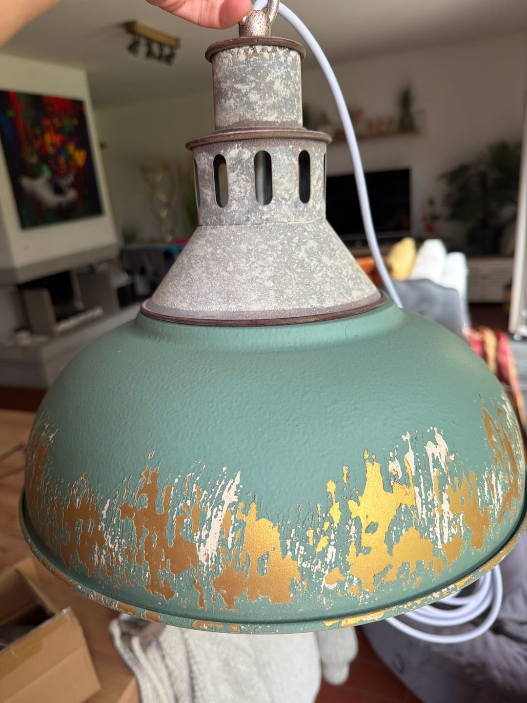 Customer photo review of Vintage Industrial Bowl Pendant Light | Antique Teal & Brass | Farmhouse Style