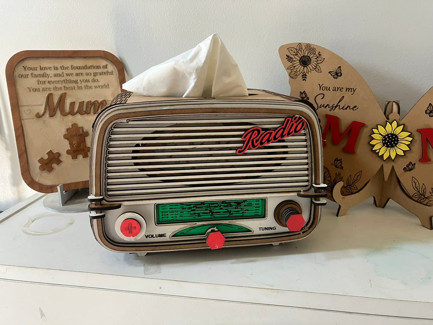 Customer photo review of Retro Radio Tissue Box Laser Cut SVG Woven Kitchen Table Decor