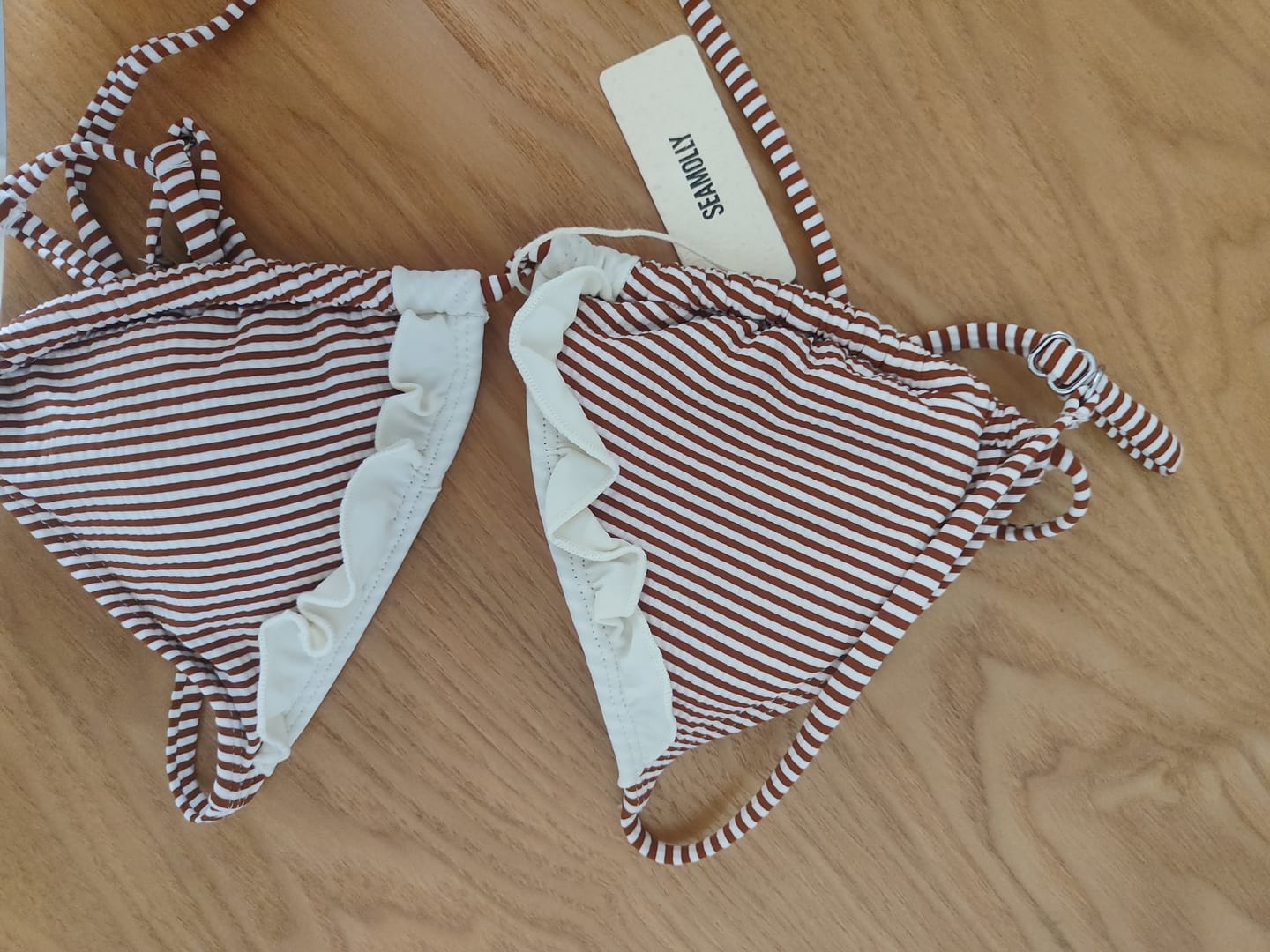 Customer photo review of Seamolly Striped Frilled Ruffles Triangle Tie Side Bikini Set
