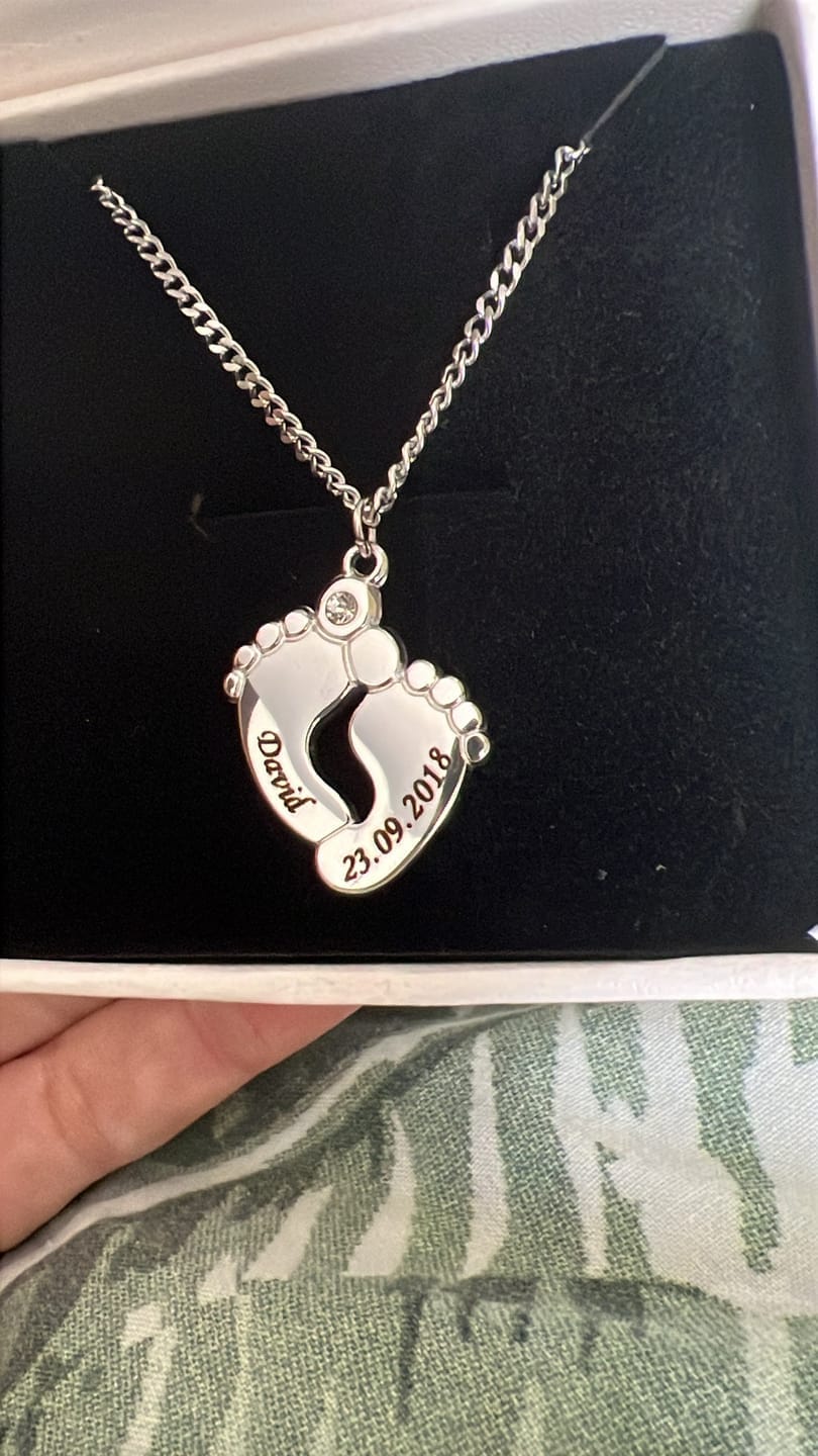 Customer photo review of Baby Feet Necklace with Engraving