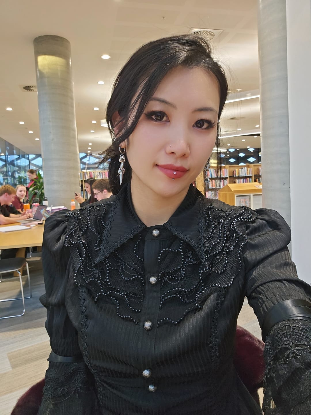 Customer photo review of Women's Gothic Pinstripe Drawstring Flared Sleeved Shirt Black