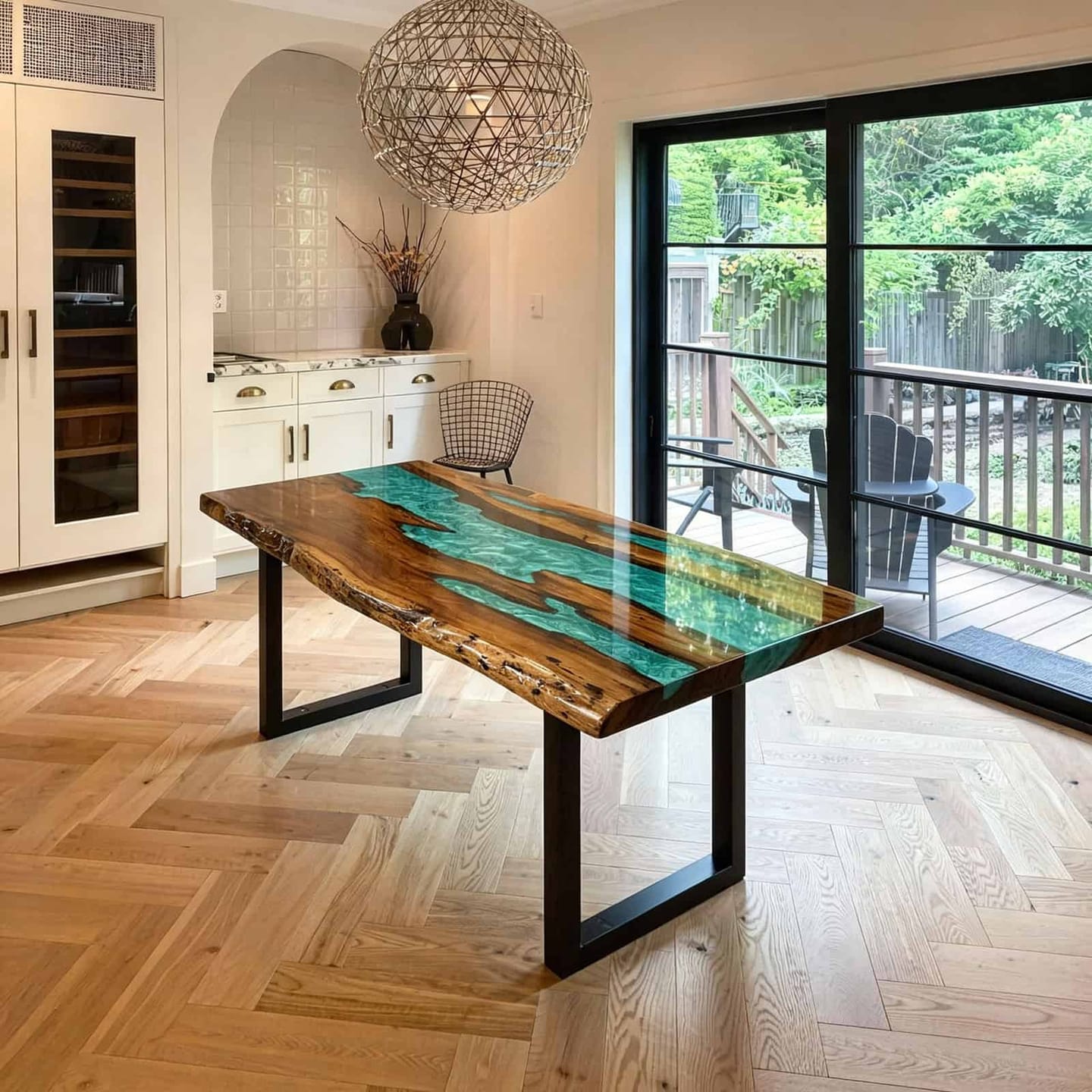 Customer photo review of Custom Olive Wood Epoxy River Dining Table – Turquoise Tide Resin with Beveled Edge | Solid Wood Table CRT-332