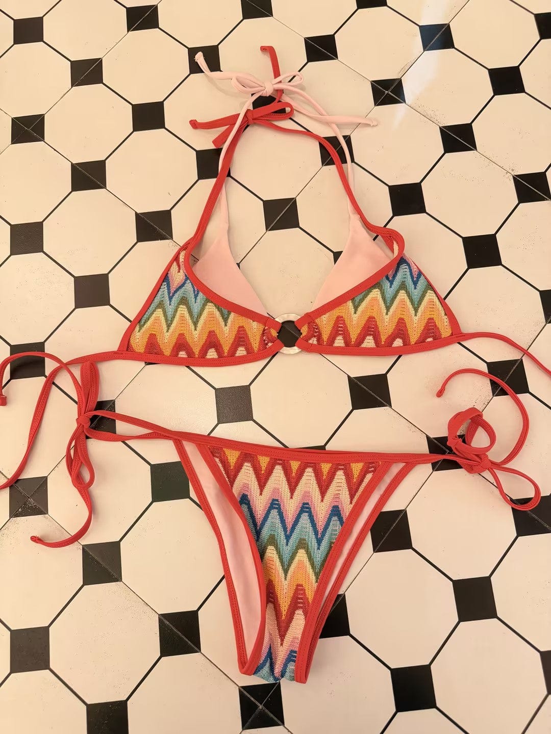Customer photo review of Seamolly Crochet Rainbow Chevron Contrast Binding O Ring Double Layer Bikini Set