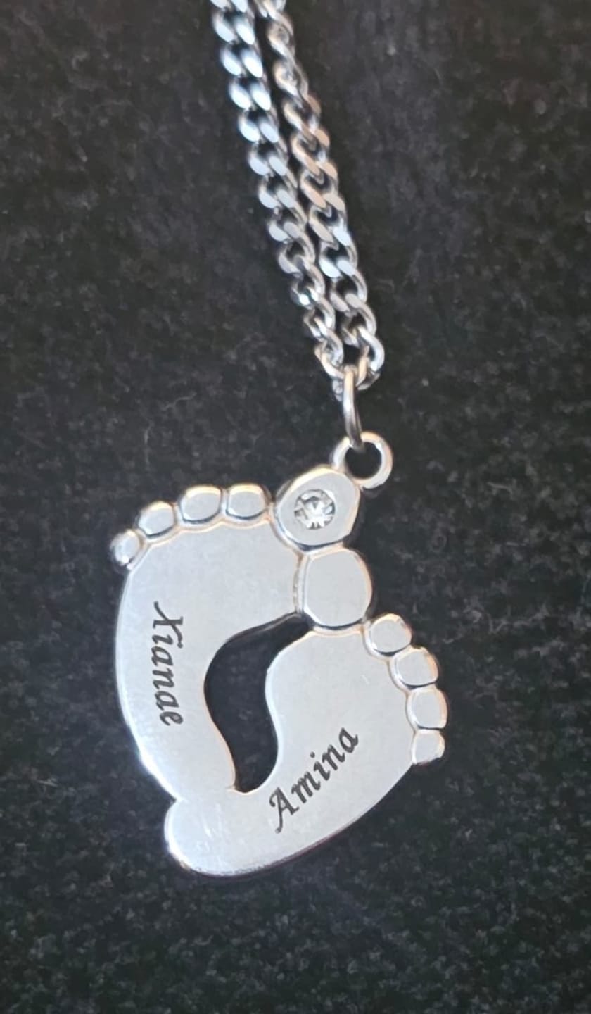 Customer photo review of Baby Feet Necklace with Engraving