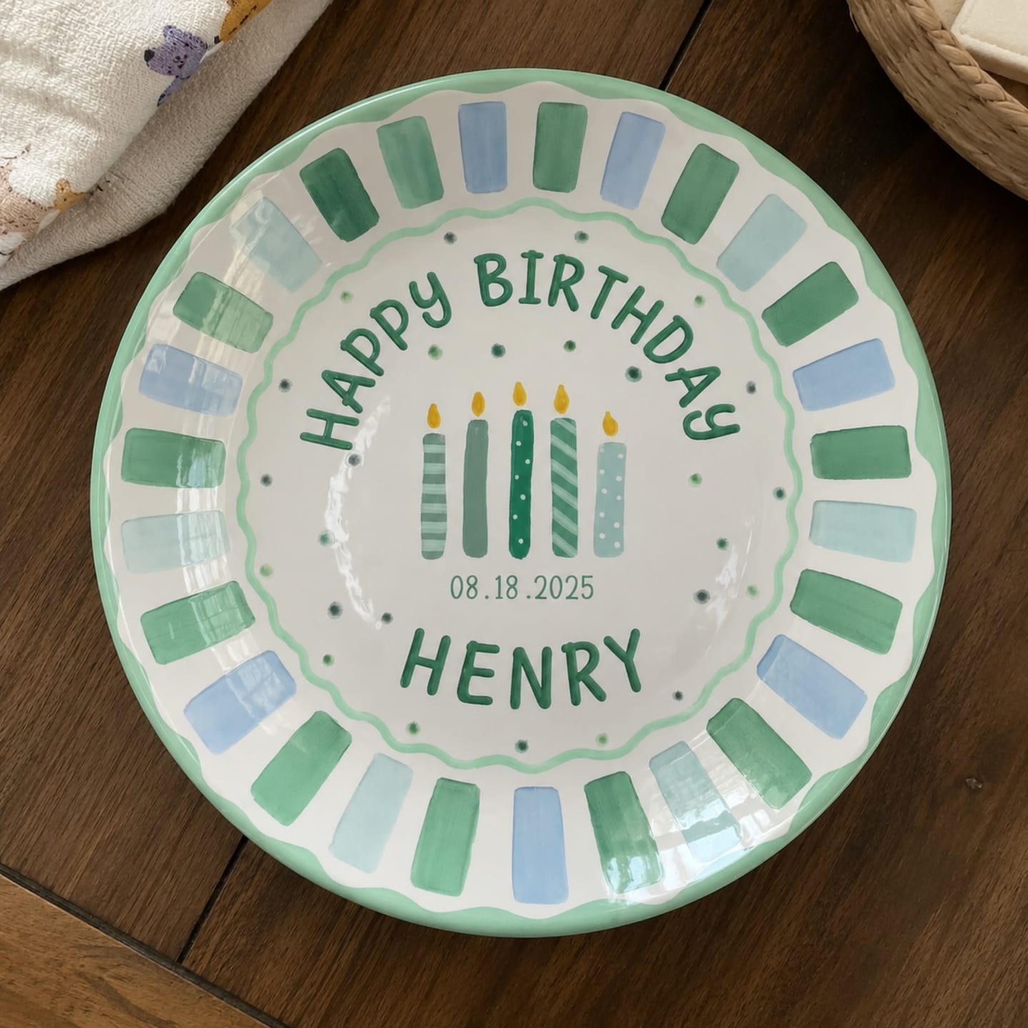 Customer photo review of Green and Blue Striped Candle Birthday Personalized Birthday Plate P514G5K0