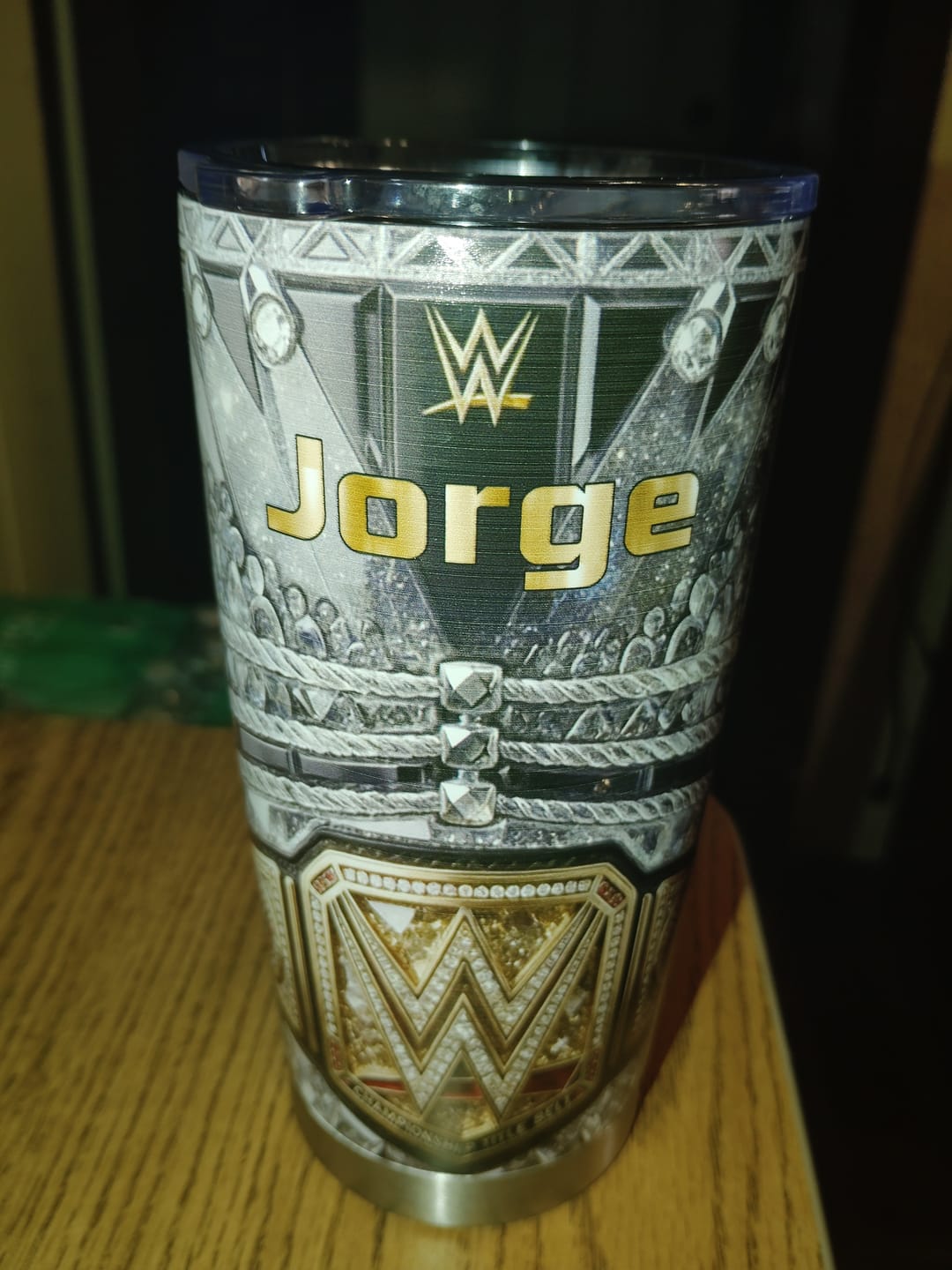 Customer photo review of Personalized Wrestling Champion Tumbler, Custom Name Belt Style 20oz Tumbler, Wrestling Fan Gift