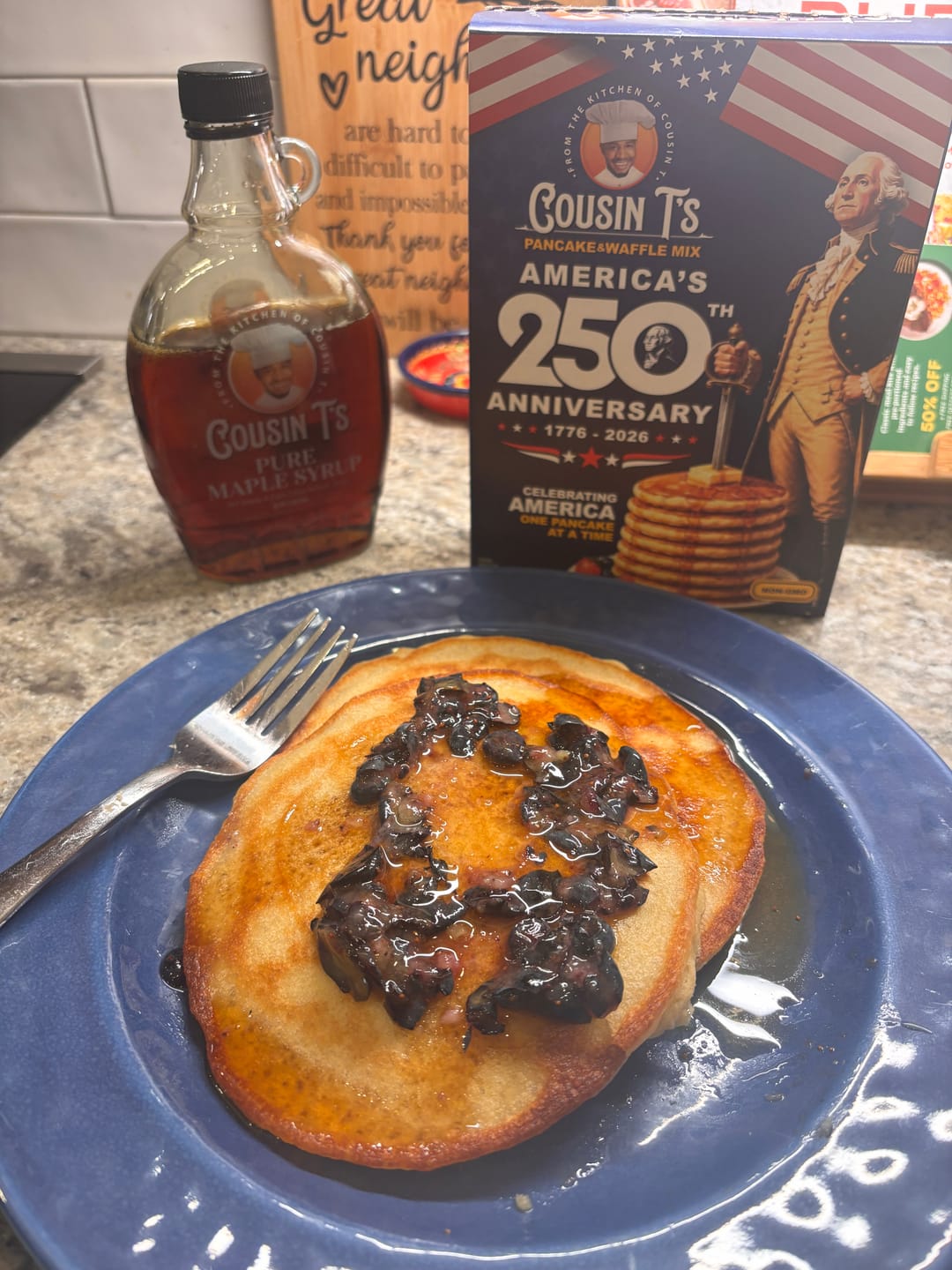 Customer photo review of Cousin T's 250th Anniversary Pancake & Syrup Bundle