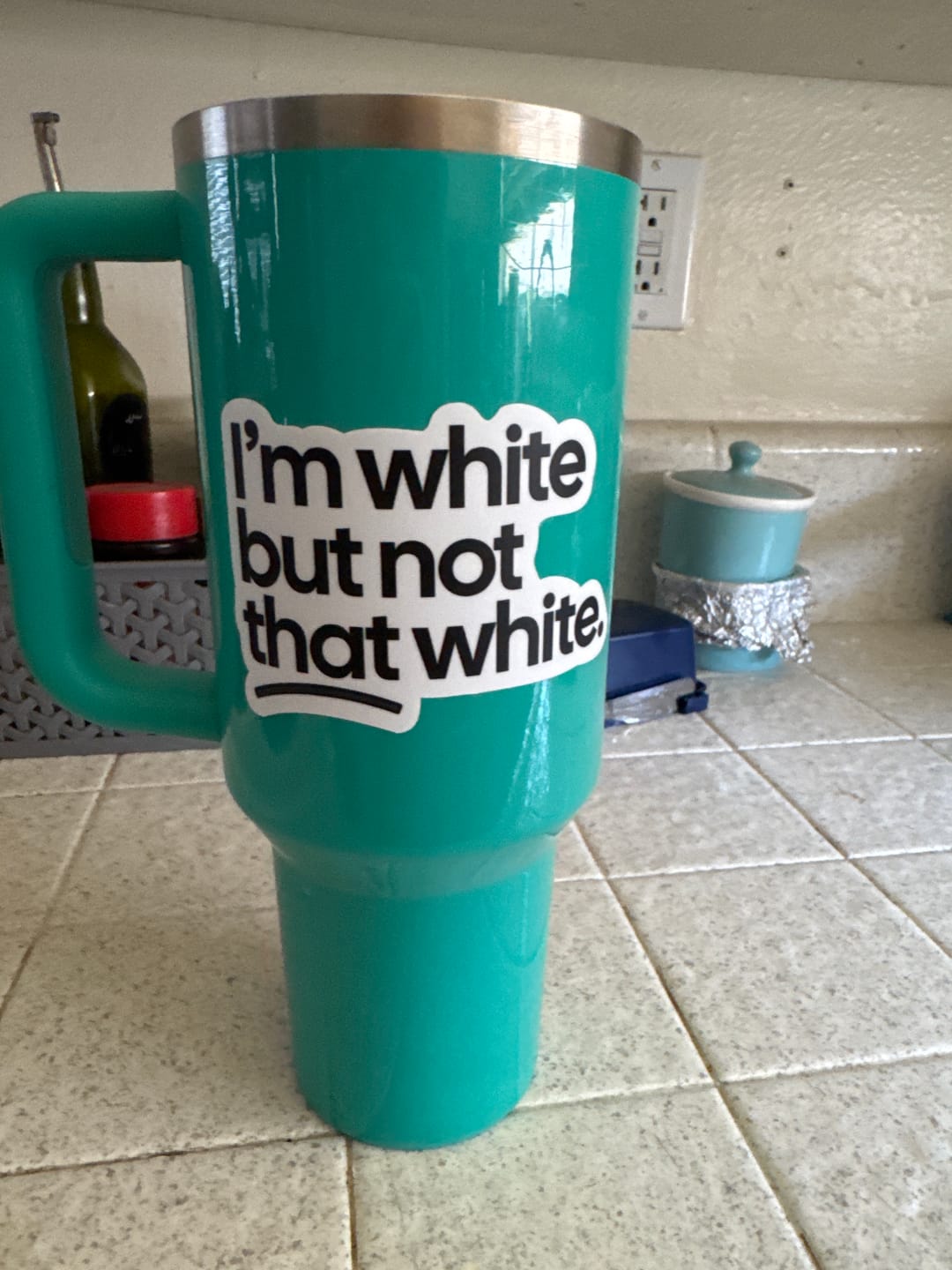Customer photo review of I'm White but not that White Black/White Die Cut STICKER