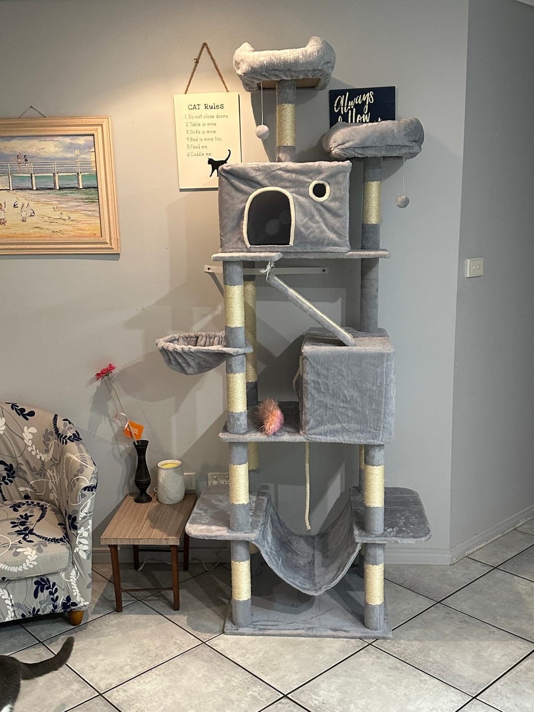 Customer photo review of Pawz Cat Tree Tower Scratching Post Scratcher 206cm Climbing Tree House Bed Grey