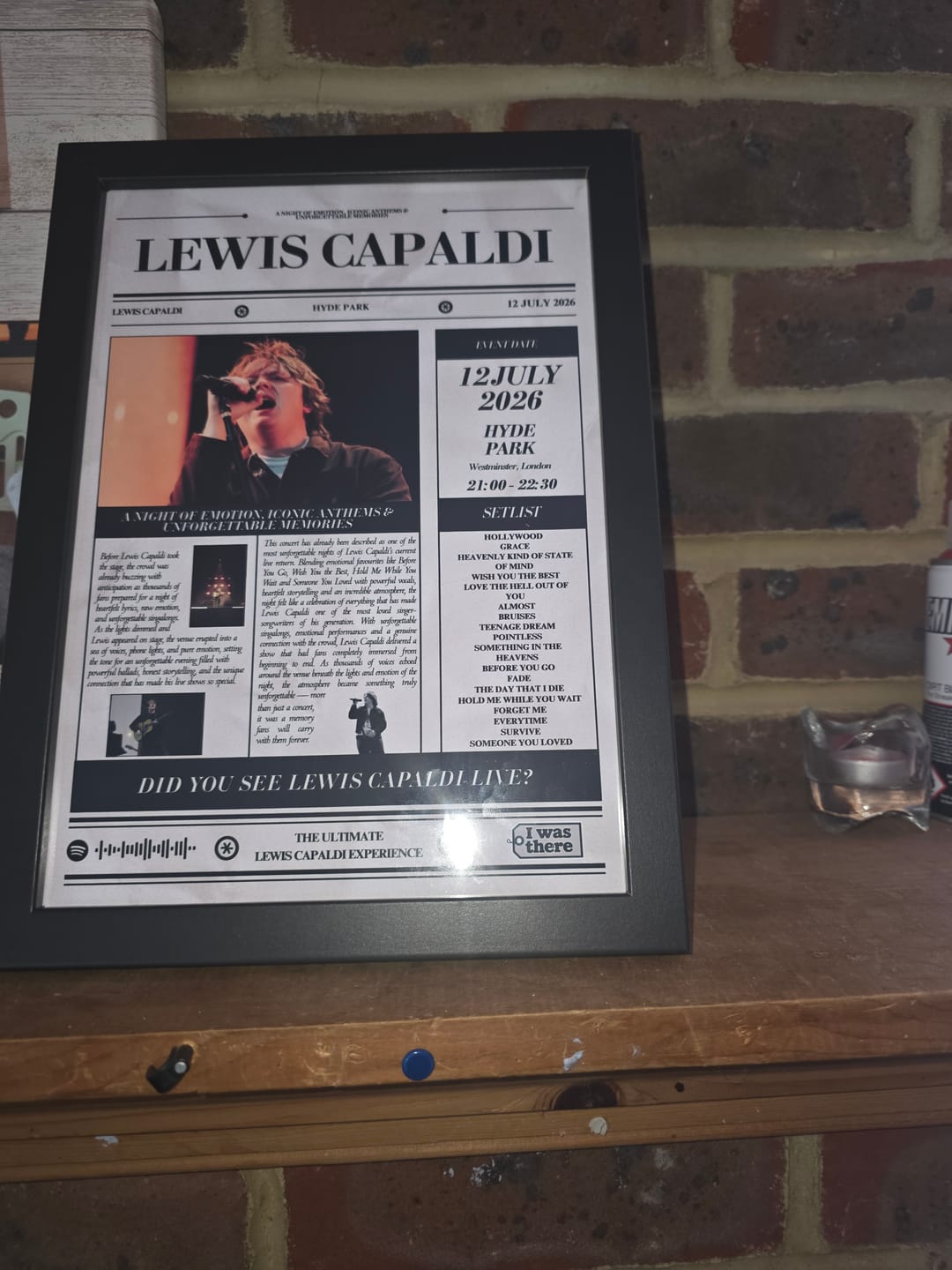Customer photo review of Lewis Capaldi - Personalised Newspaper Style Concert Poster
