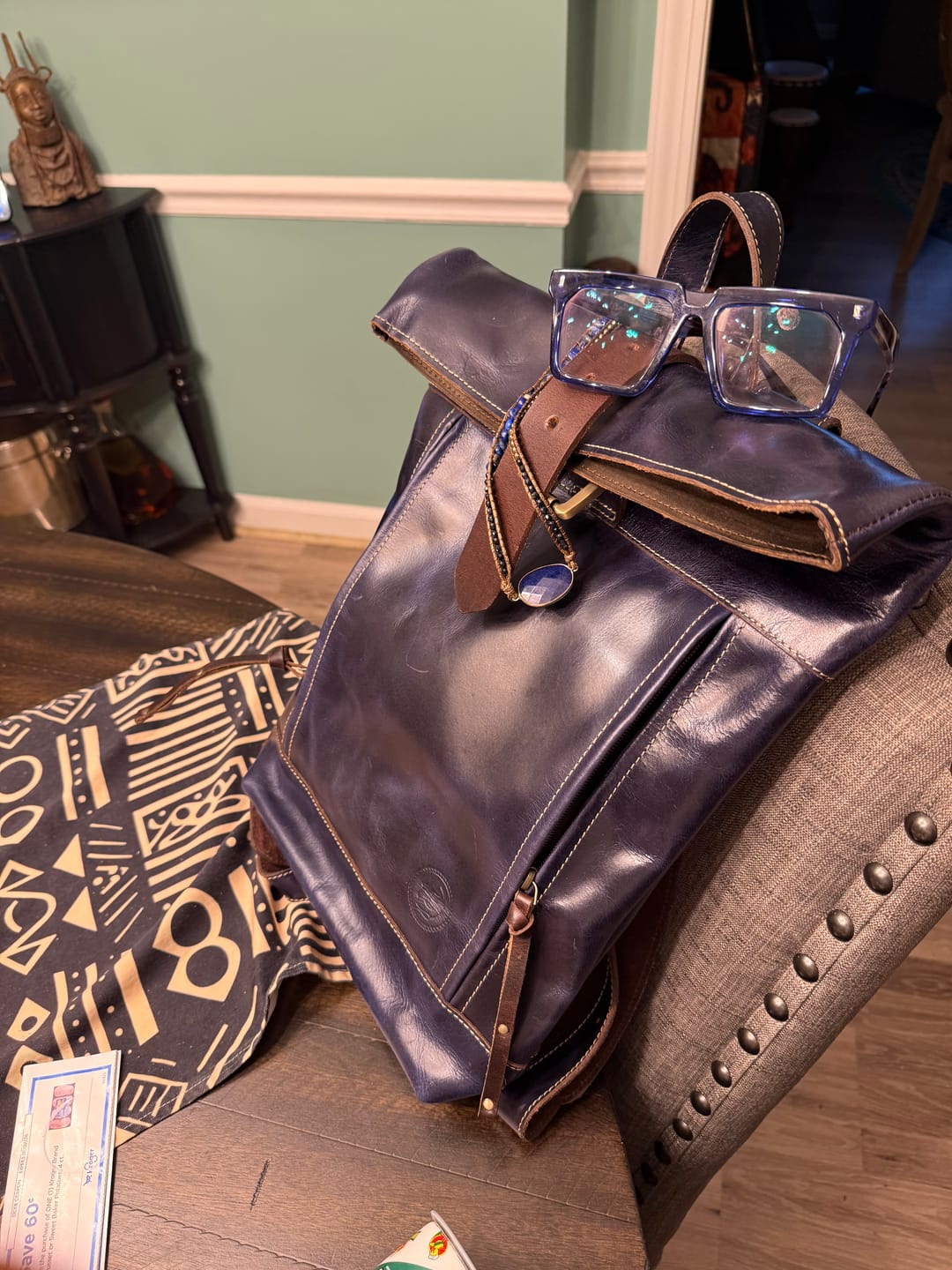 Customer photo review of Explorer Vintage Leather Roll-Top Backpack | Midnight Blue