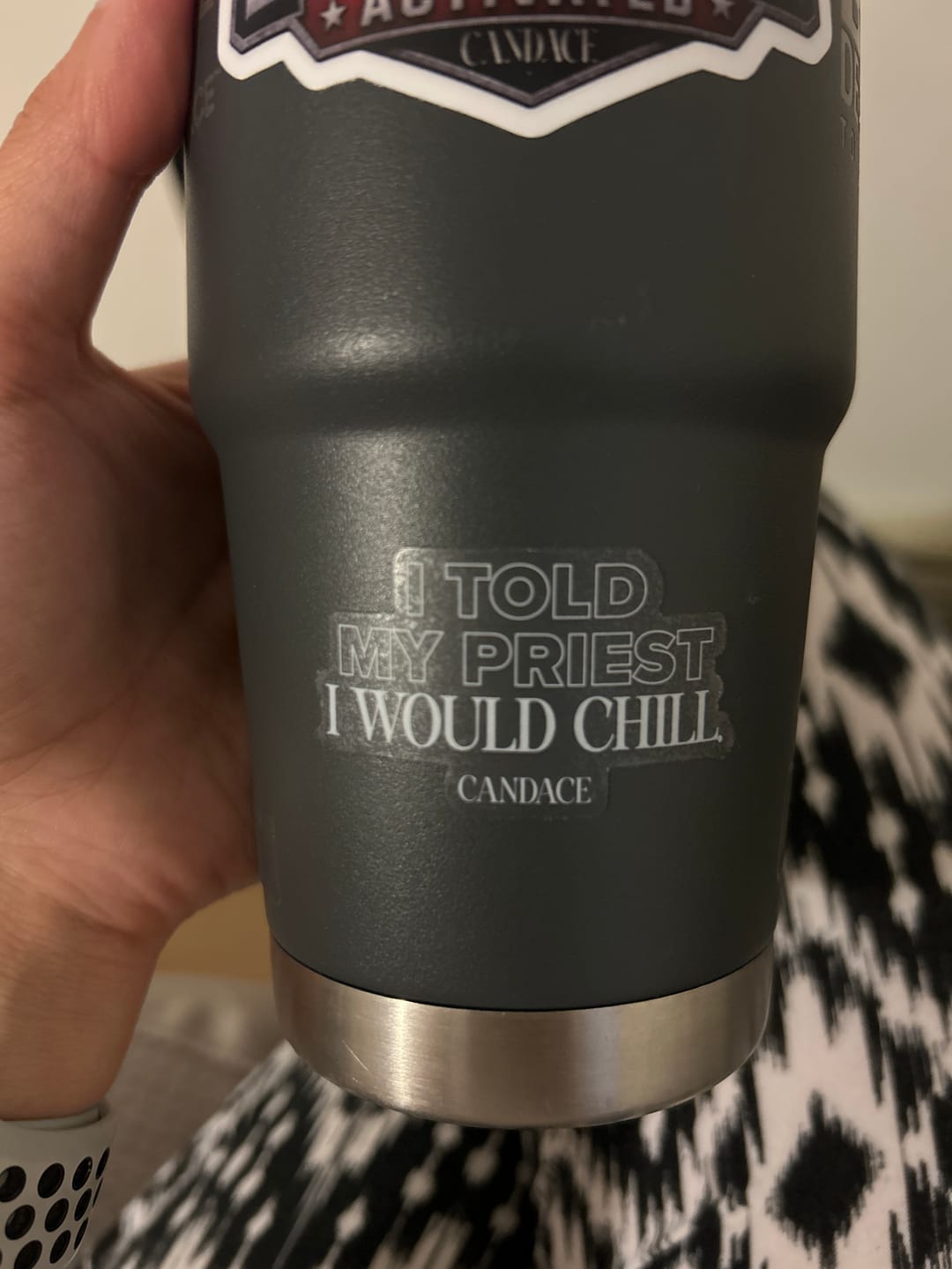 Customer photo review of I Told My Priest That I would Chill. Sticker