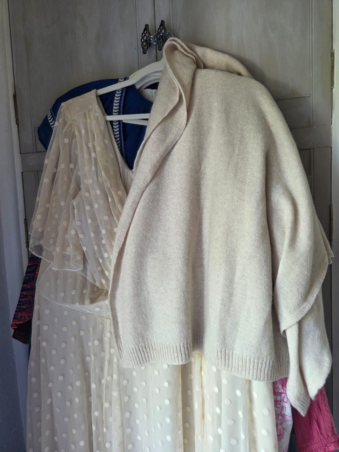 Customer photo review of Brand New Sand Beige Recycled Cashmere Wrap