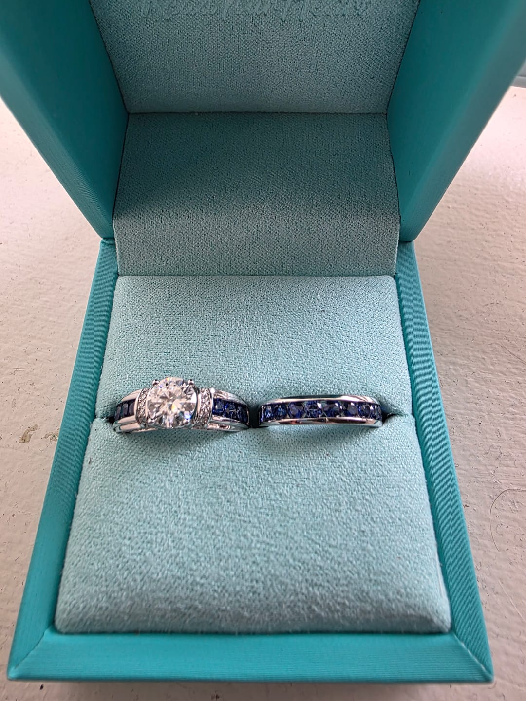 Customer photo review of Moissanite With Channel Set Sapphire Accents Engagement Ring