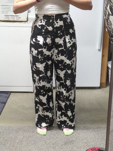 Customer from the front wearing the cowhide Construction Pants, showing the wide-leg fit.