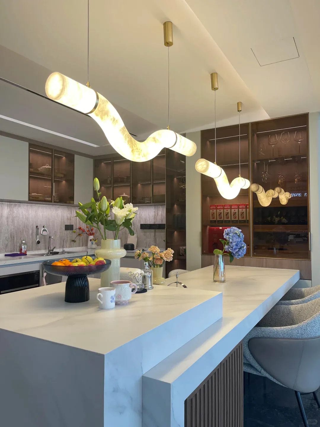 Customer photo review of Streamlined Alabaster Linear And Curved Chandelier