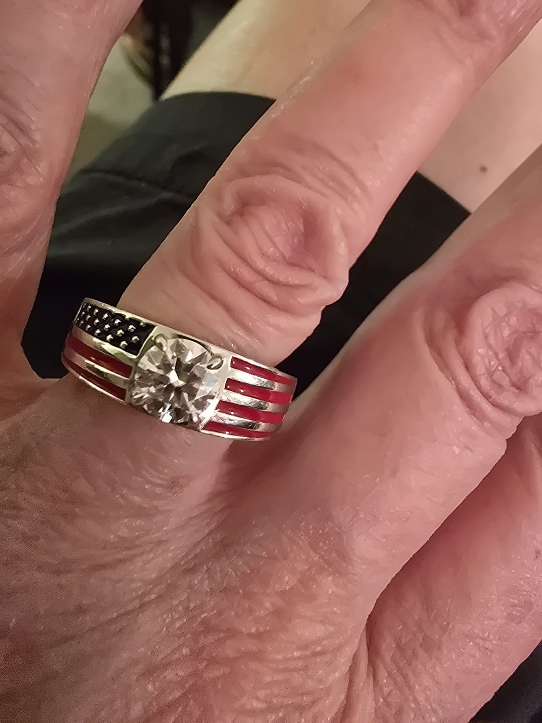 Customer photo review of Round Moissanite Engagement Ring with American Flag Enamel Band