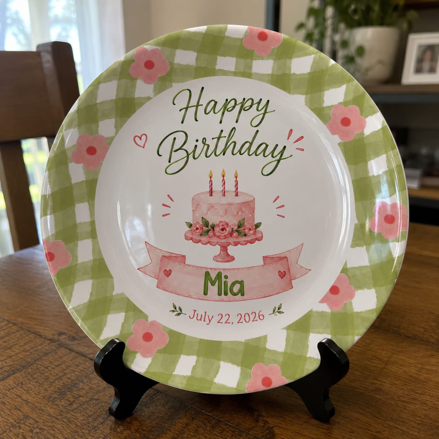 Customer photo review of Green Gingham Floral Border with Pink Cake and Custom Name Banner Personalized Birthday Plate P514PVJ0