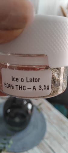 Customer holding a small glass jar of THC-A 50% Hash Ice o Lator, showing the product and its label.