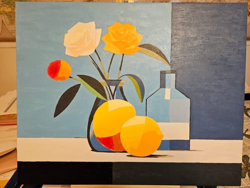 Customer's finished Minimalistic Still Life paint-by-numbers canvas showing a modern still life with flowers and fruit.