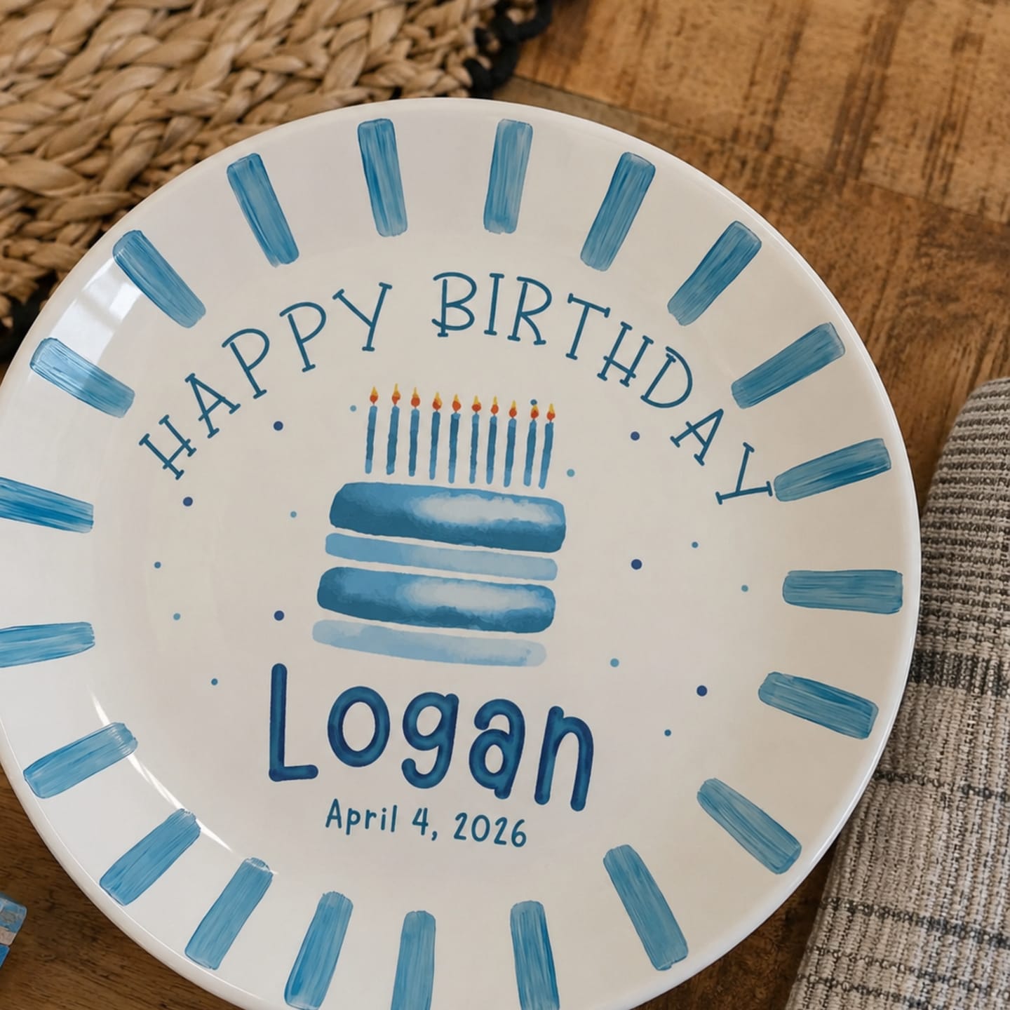 Customer photo review of Blue Cake and Brush Stroke Border Personalized Birthday Plate P111BC60