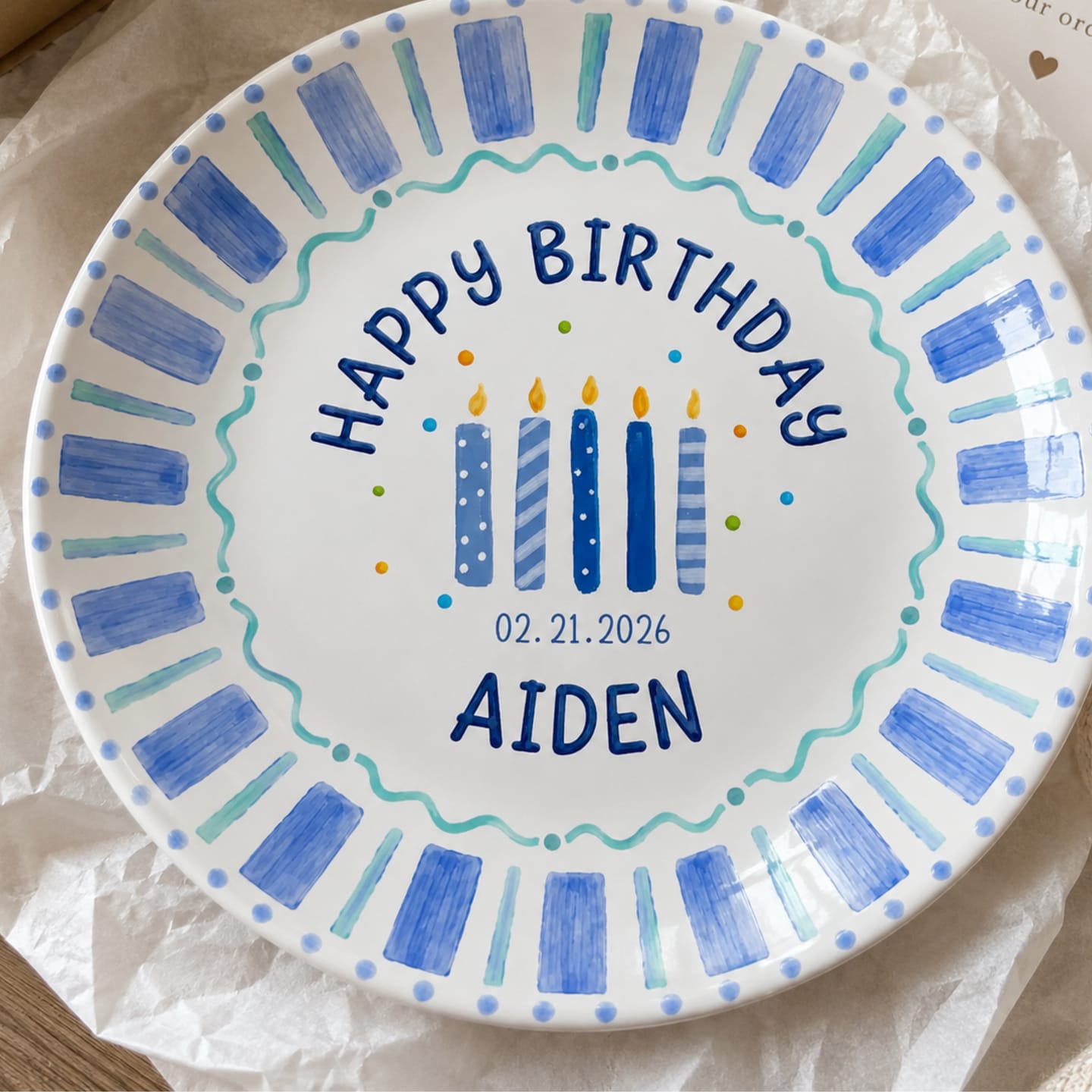 Customer photo review of Blue Striped Candles Personalized Birthday Plate P46KBS0