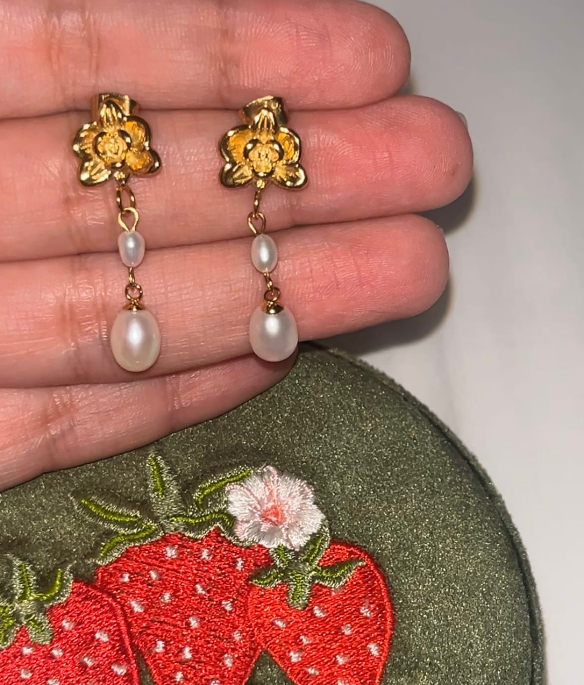 Customer photo review of Orchid Bloom Pearl Earrings