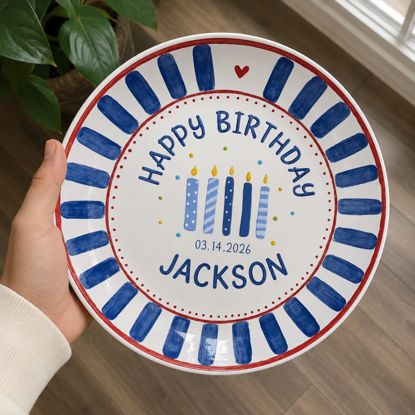 Customer photo review of Blue Striped Birthday Candles Personalized Birthday Plate P626KF7TT