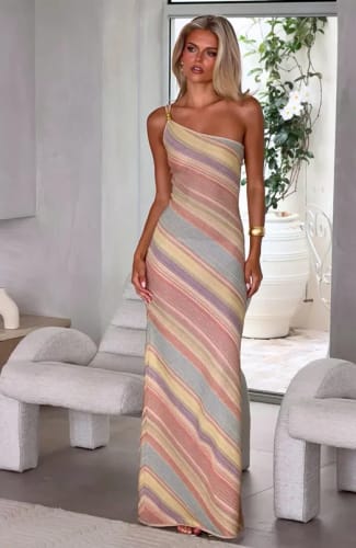 Customer photo review of Sophia One Shoulder Pastel Stripe Maxi Dress