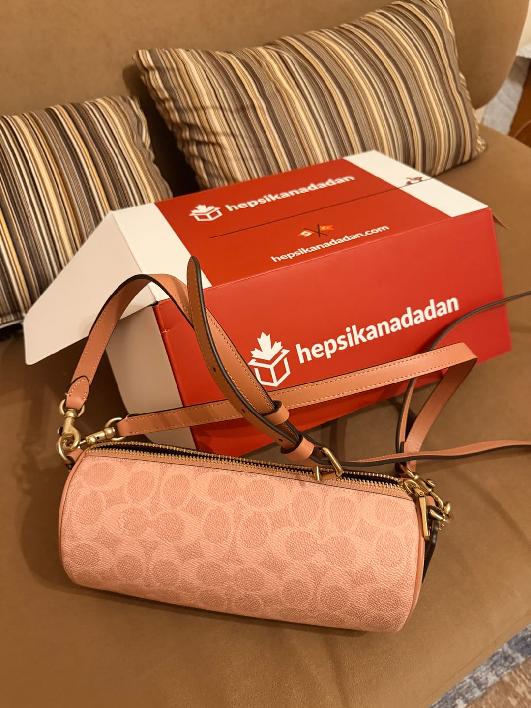 Customer photo review of Coach Women's Barrel Bag In Signature Canvas Brass/Melon Pink
