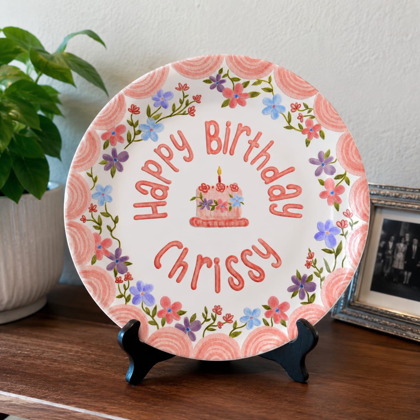 Customer photo review of Pink Scallop Border with Colorful Floral Wreath Personalized Birthday Plate P42VPA0