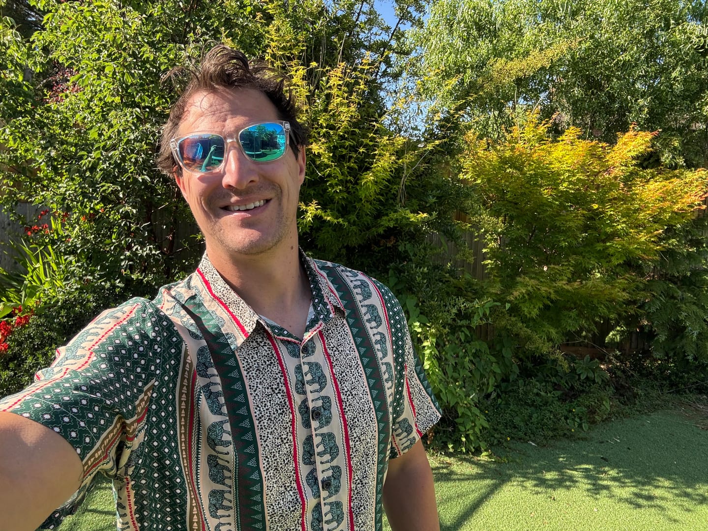 Customer photo review of Chemise à manches courtes verte à imprimé éléphant rayé pour hommes