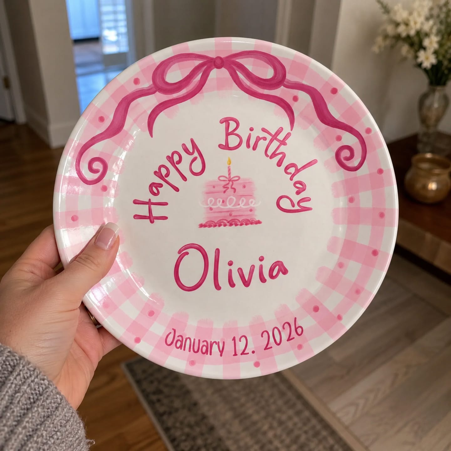 Customer photo review of Pink Bow and Pink Gingham Birthday Cake Personalized Birthday Plate P5220BP0