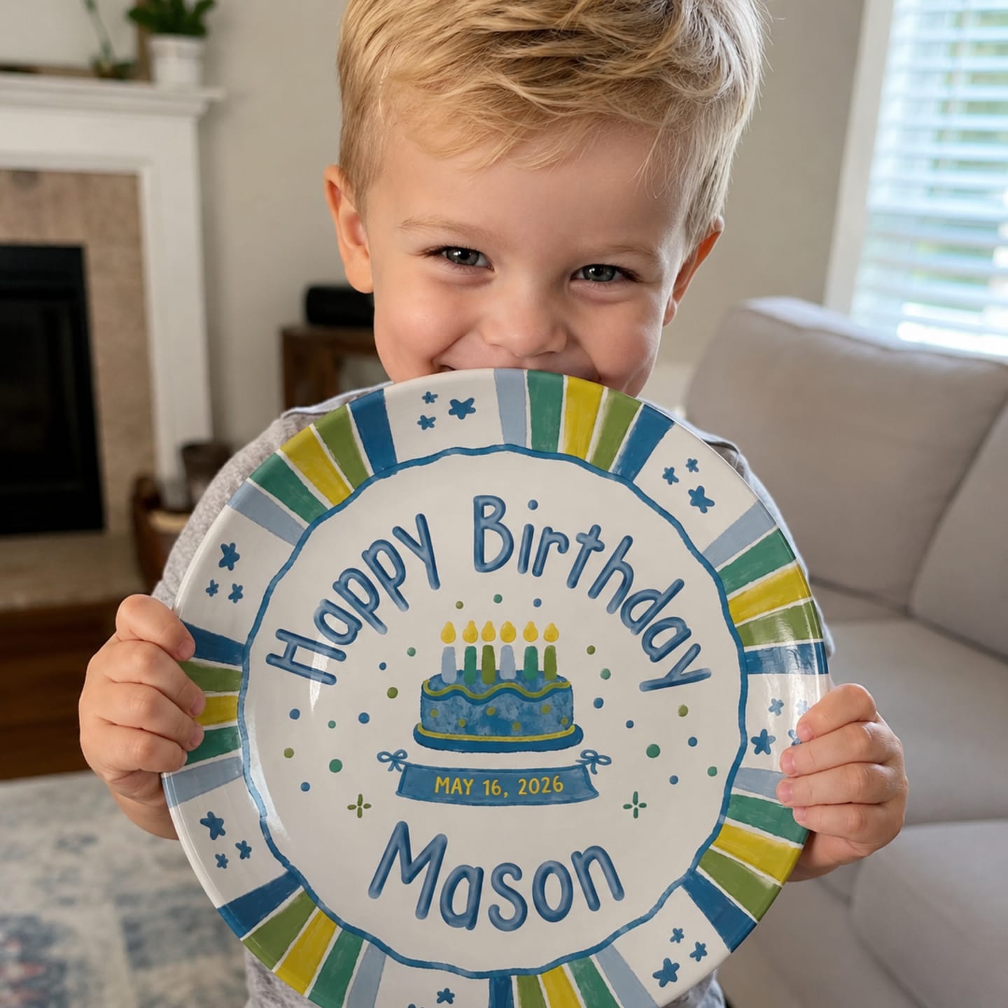 Customer photo review of Blue Green Striped Border with Star Confetti Personalized Birthday Plate P526USD0