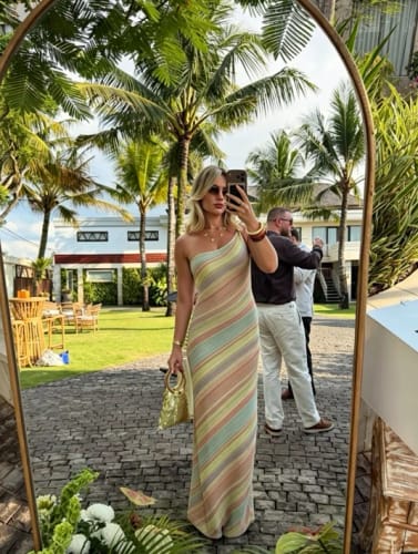 Customer photo review of Sophia One Shoulder Pastel Stripe Maxi Dress