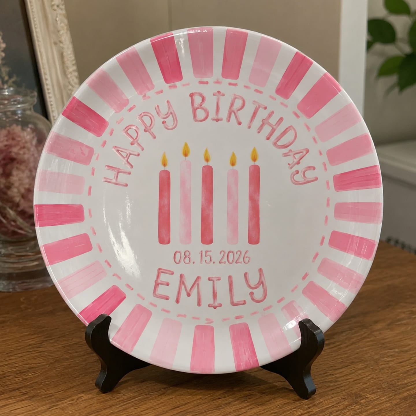 Customer photo review of Pink Candles with Pink Striped Border Personalized Birthday Plate P427CYE0