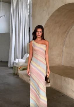 Customer photo review of Sophia One Shoulder Pastel Stripe Maxi Dress